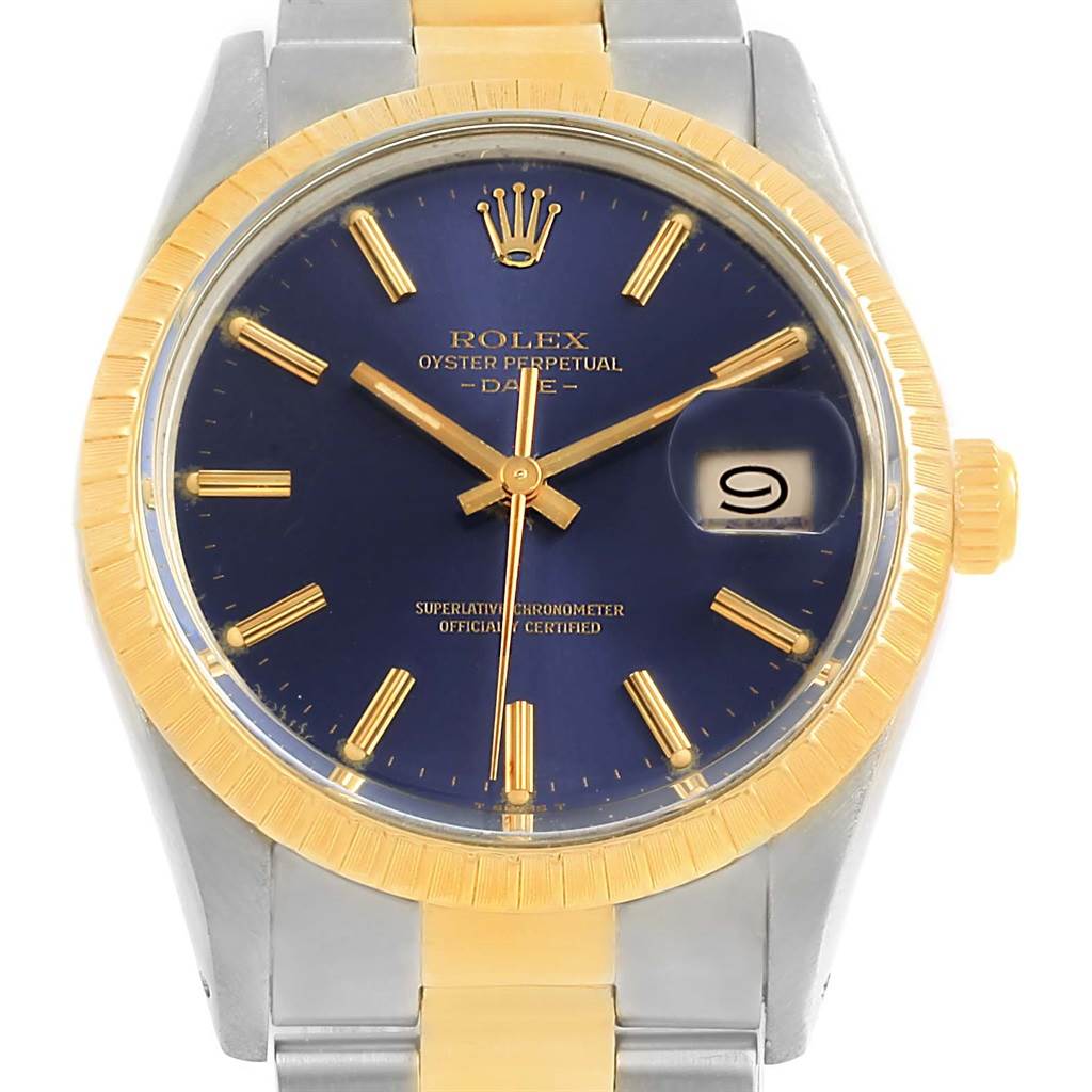 The image shows a front view of a Rolex Datejust 15053 Men's Steel and Gold (two tone) Blue Dial 15053 Men's Steel and Gold (two tone) Blue Dial watch featuring a two-tone band, blue dial, and gold bezel.