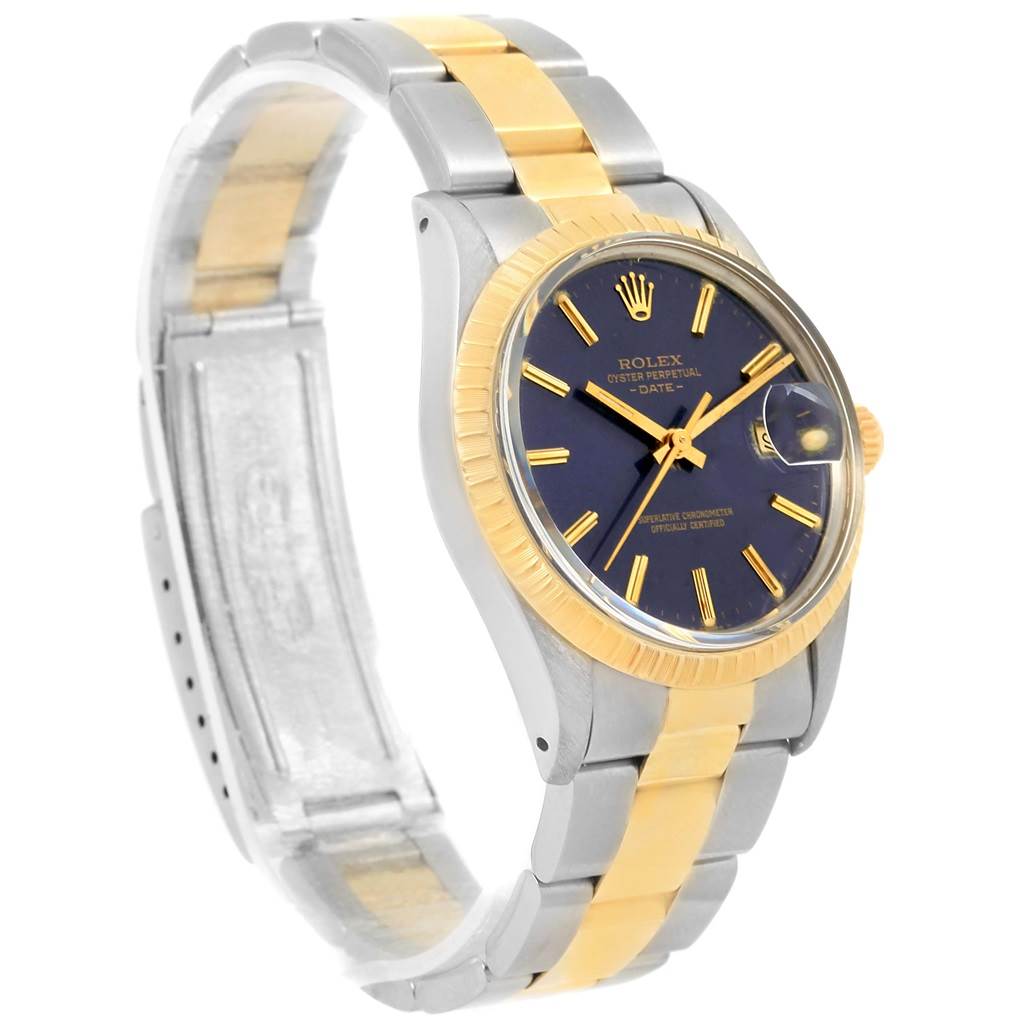 The image shows a side and front view of a Rolex Datejust 15053 Men's Steel and Gold (two tone) Blue Dial 15053 Men's Steel and Gold (two tone) Blue Dial watch, highlighting its bracelet, bezel, and dial.