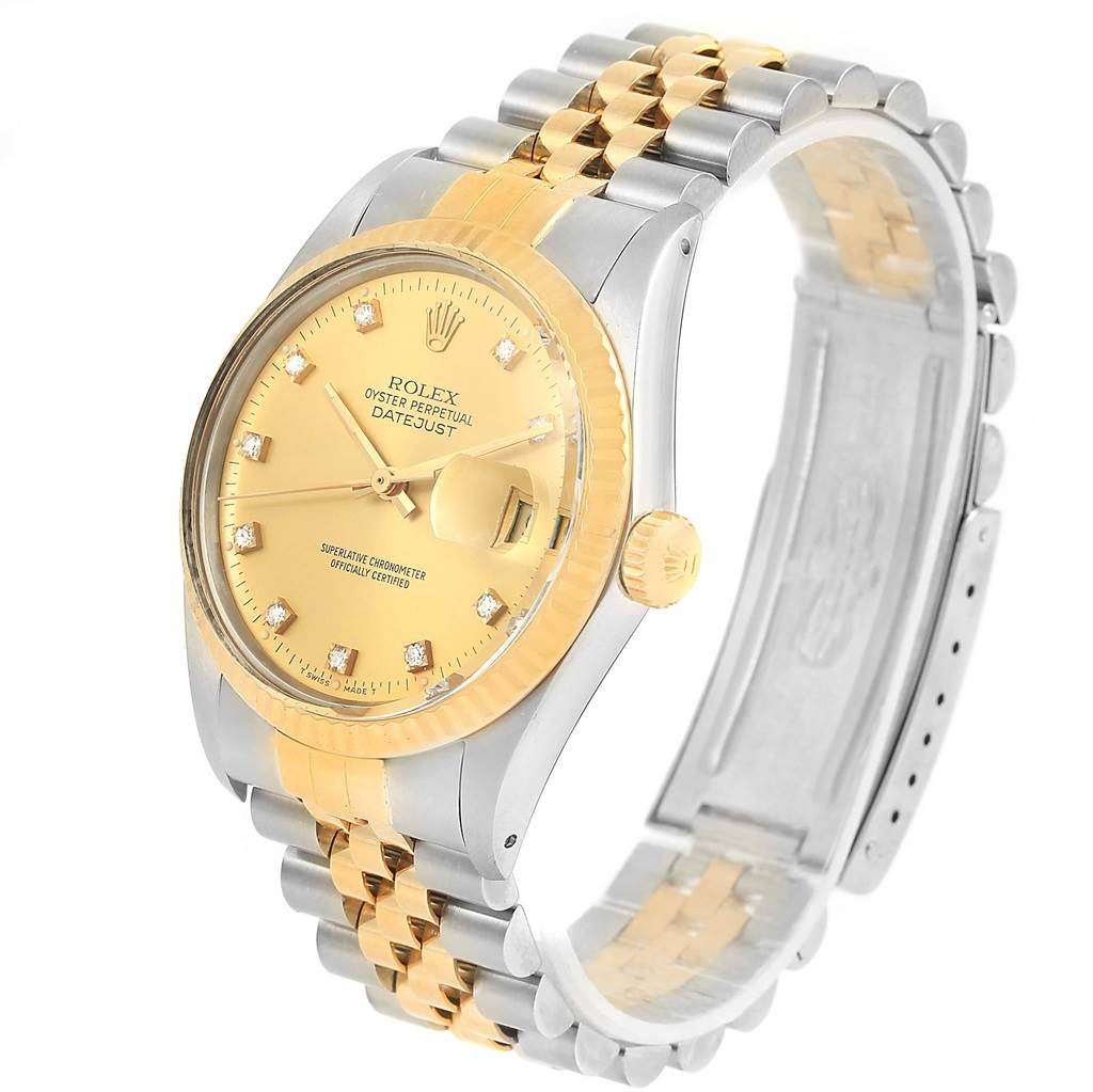 The Rolex Datejust 16013 Men's Stainless Steel Champagne Dial 16013 Men's Stainless Steel Champagne Dial watch is shown at an angled side view, highlighting the dial, crown, and two-tone bracelet.