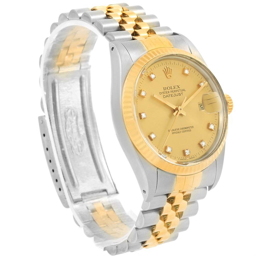 The image shows a Rolex Datejust 16013 Men's Stainless Steel Champagne Dial 16013 Men's Stainless Steel Champagne Dial watch from an angled side view, highlighting the watch face, crown, and two-tone band.