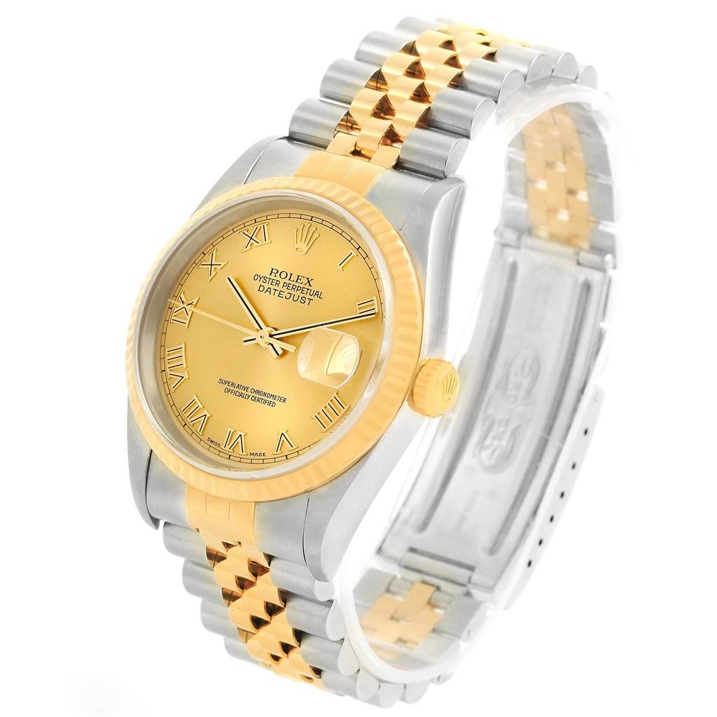 This image shows a Rolex Datejust 16233 Men's Steel and Gold (two tone) Champagne Dial 16233 Men's Steel and Gold (two tone) Champagne Dial watch at a three-quarter angle, highlighting the dial, bezel, and bracelet.