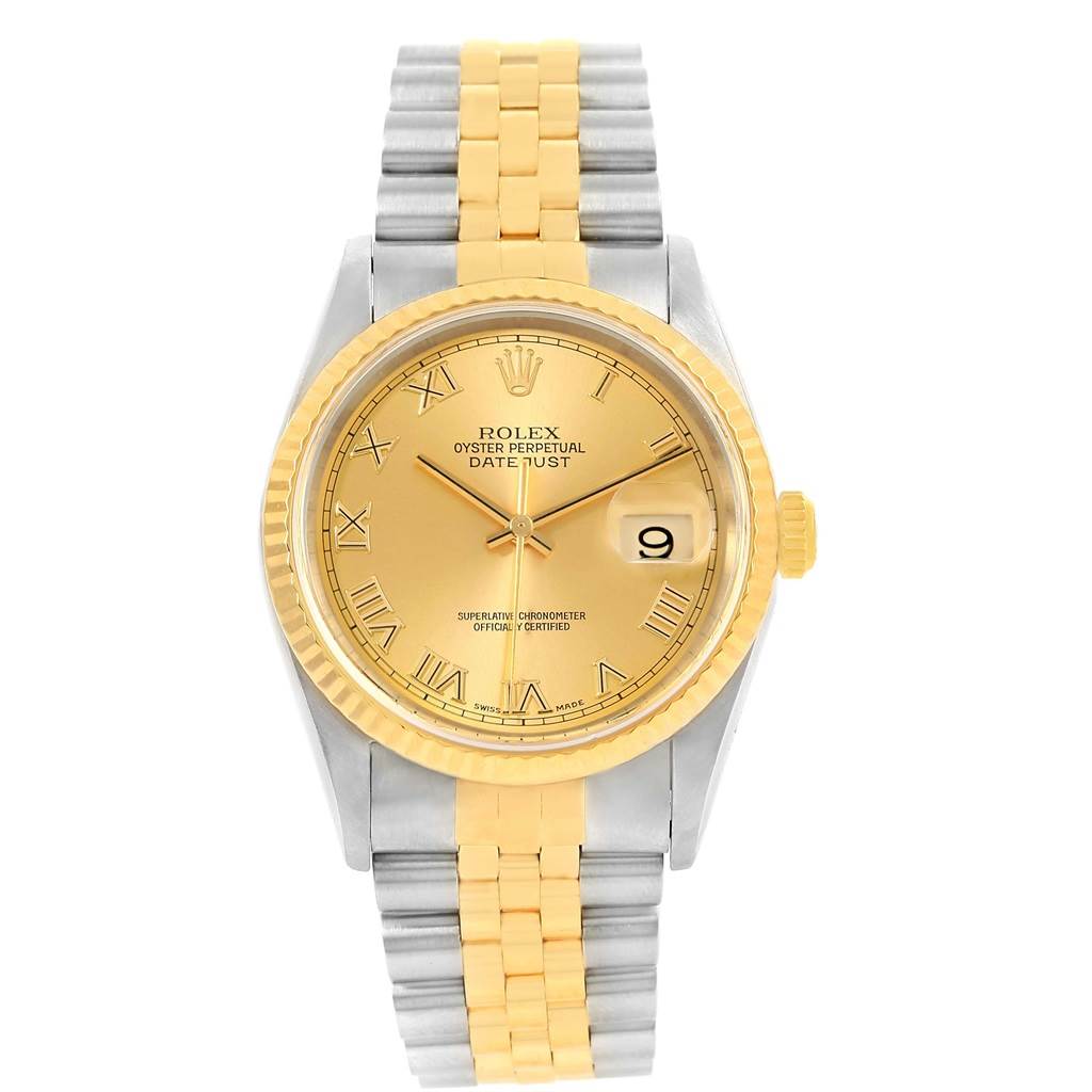 The image shows a front view of a Rolex Datejust 16233 Men's Steel and Gold (two tone) Champagne Dial 16233 Men's Steel and Gold (two tone) Champagne Dial watch, with a gold dial, fluted bezel, and two-tone Jubilee bracelet.