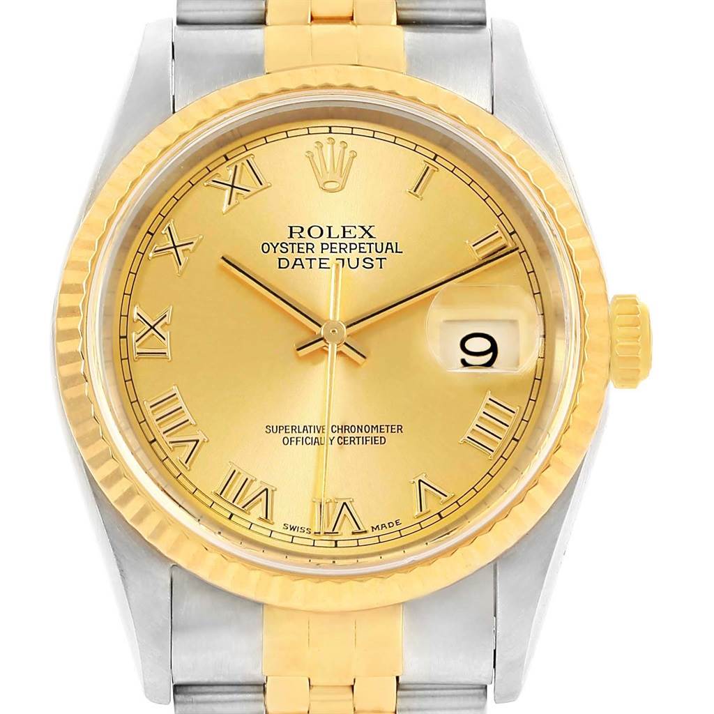 The image displays a front view of the Rolex Datejust 16233 Men's Steel and Gold (two tone) Champagne Dial 16233 Men's Steel and Gold (two tone) Champagne Dial watch featuring a gold dial, Roman numerals, and a steel and gold band.