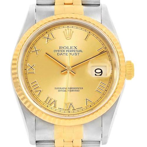 The image shows a frontal view of a Rolex Datejust watch, highlighting its yellow gold dial, Roman numerals, and two-tone bracelet.