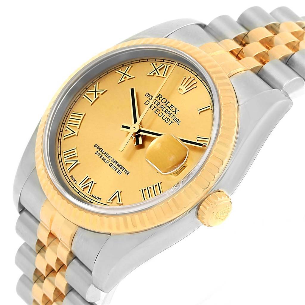 The image shows a close-up angle of a Rolex Datejust 116233 Men's Stainless Steel Champagne Dial 116233 Men's Stainless Steel Champagne Dial watch, highlighting its face, bezel, and part of the bracelet.