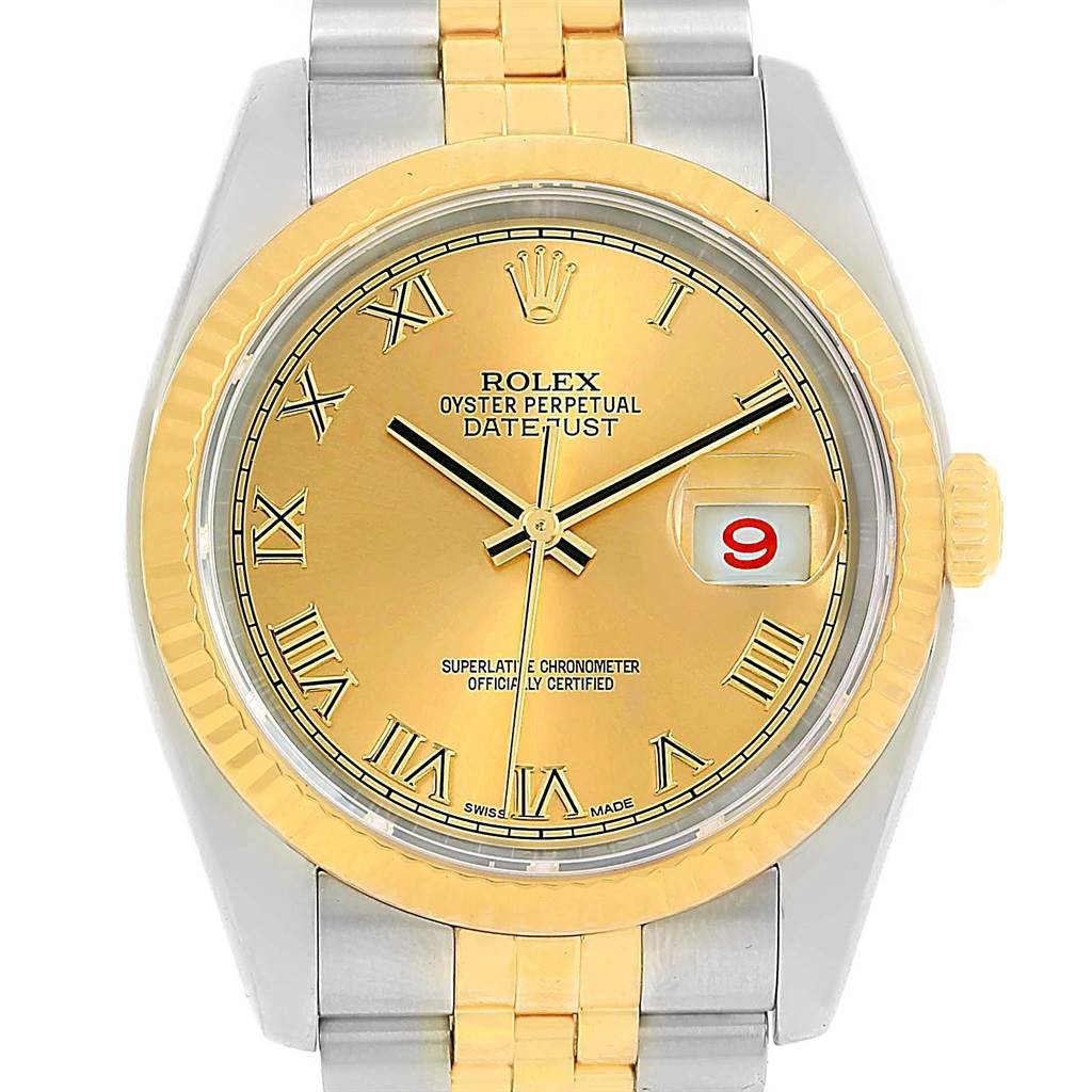 This image shows a close-up of the Rolex Datejust 116233 Men's Stainless Steel Champagne Dial 116233 Men's Stainless Steel Champagne Dial watch face, highlighting the gold dial, date window, and two-tone bracelet.