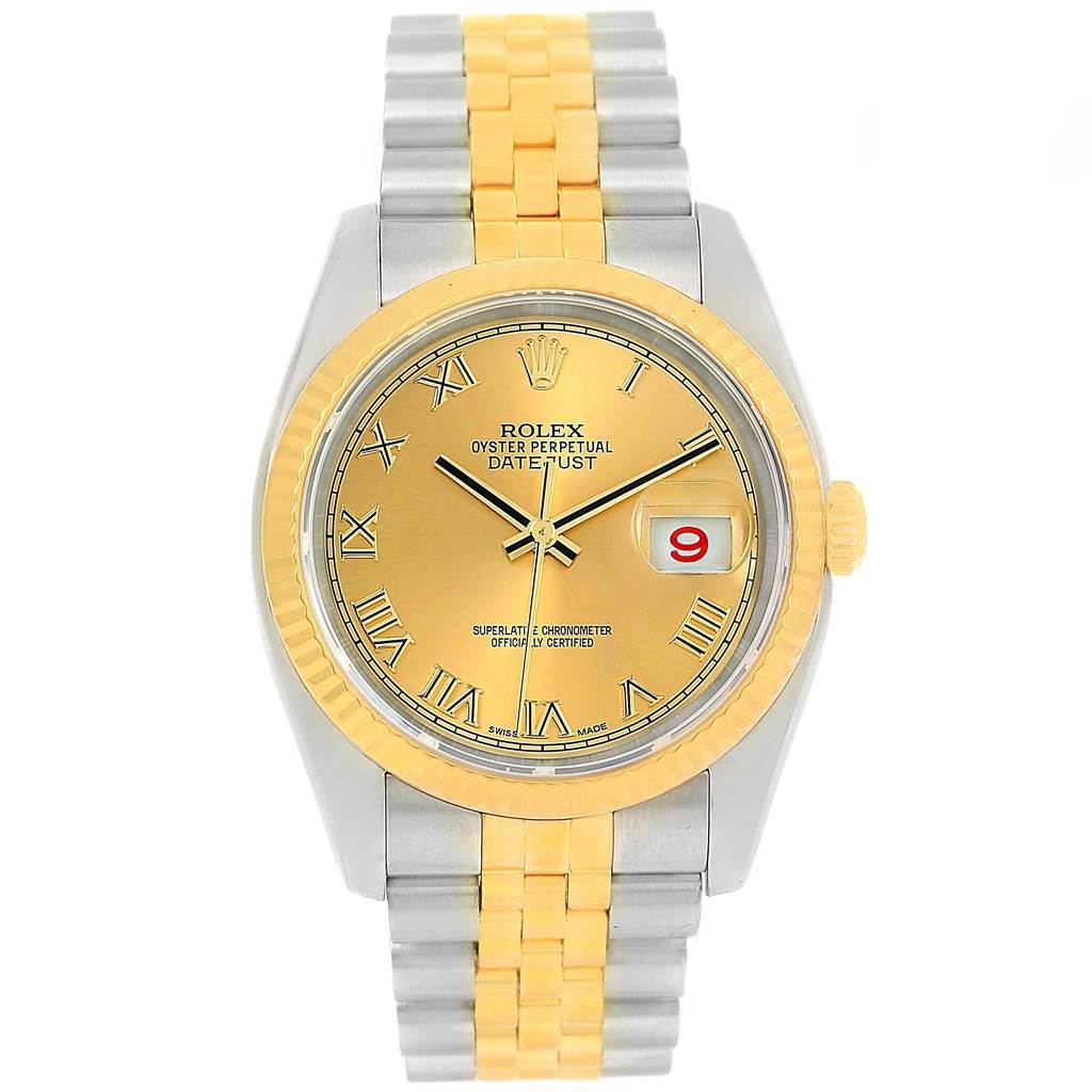The image shows a frontal view of a Rolex Datejust 116233 Men's Stainless Steel Champagne Dial 116233 Men's Stainless Steel Champagne Dial watch, featuring a gold dial, gold bezel, and two-tone bracelet.