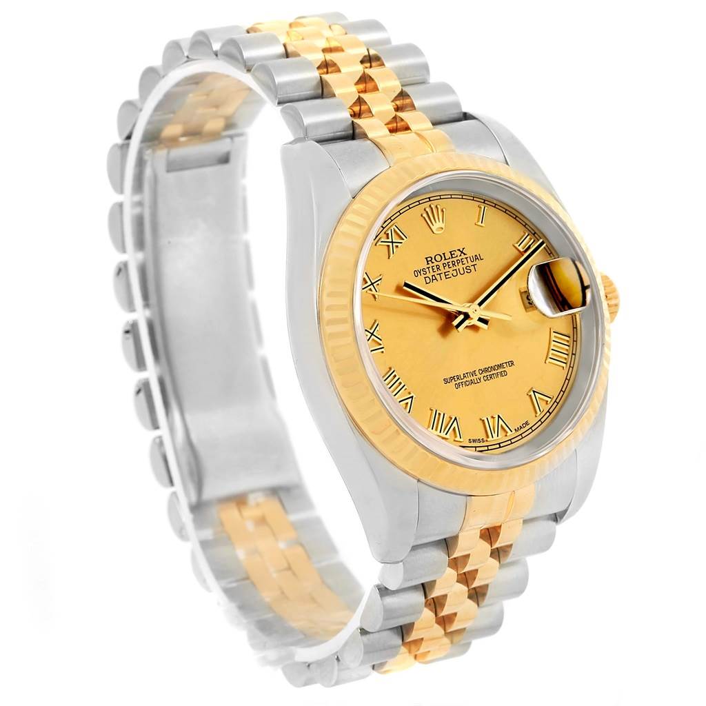 This image shows a Rolex Datejust 116233 Men's Stainless Steel Champagne Dial 116233 Men's Stainless Steel Champagne Dial watch at a slight side angle, displaying the face, bezel, and two-tone bracelet.