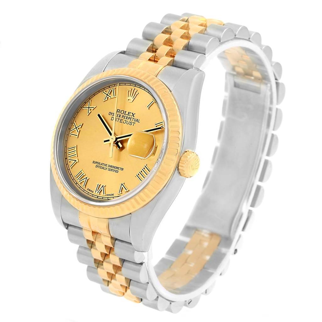 The image shows a Rolex Datejust 116233 Men's Stainless Steel Champagne Dial 116233 Men's Stainless Steel Champagne Dial watch at a slight angle, highlighting the dial, bezel, and two-tone bracelet.