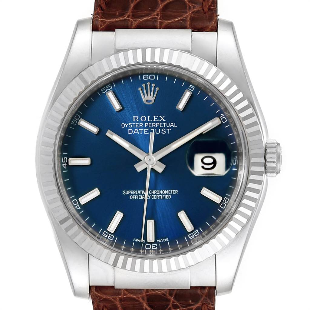 The image shows a front view of a Rolex Datejust 116139 Men's White Gold Blue Dial 116139 Men's White Gold Blue Dial watch with a blue dial, fluted bezel, and a date window at 3 o'clock.