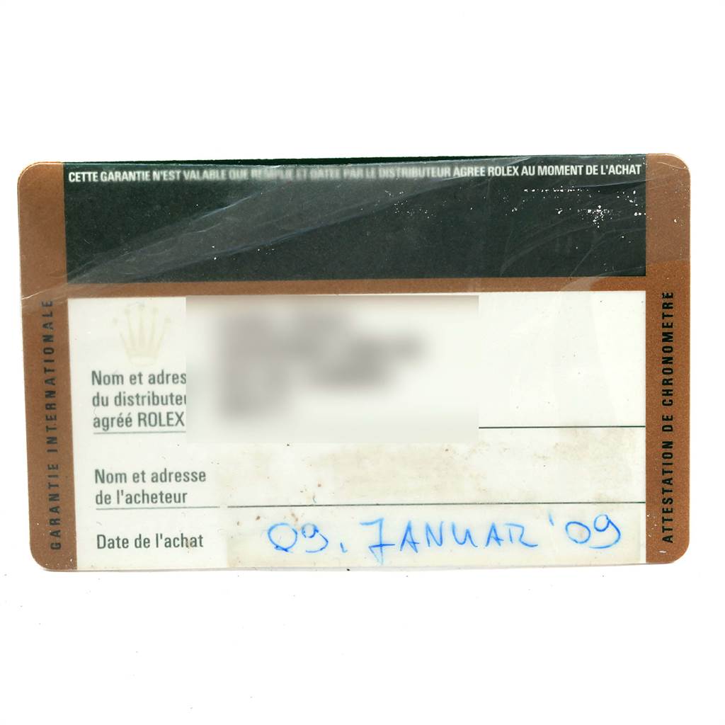 This image shows a warranty card for a Rolex Datejust 116139 Men's White Gold Blue Dial 116139 Men's White Gold Blue Dial watch, featuring purchase details and dealer information.