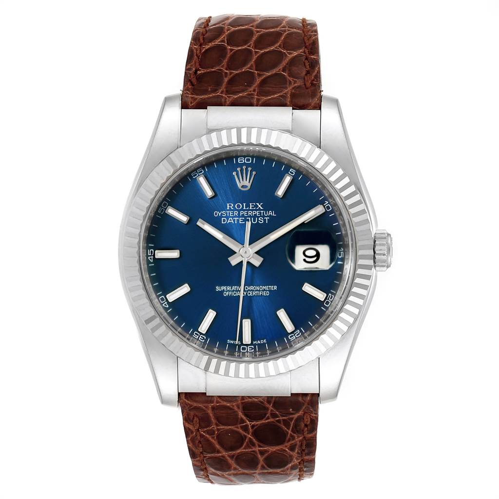 This image shows a Rolex Datejust 116139 Men's White Gold Blue Dial 116139 Men's White Gold Blue Dial watch at a straight-on angle, highlighting its blue dial, fluted bezel, and brown leather strap.