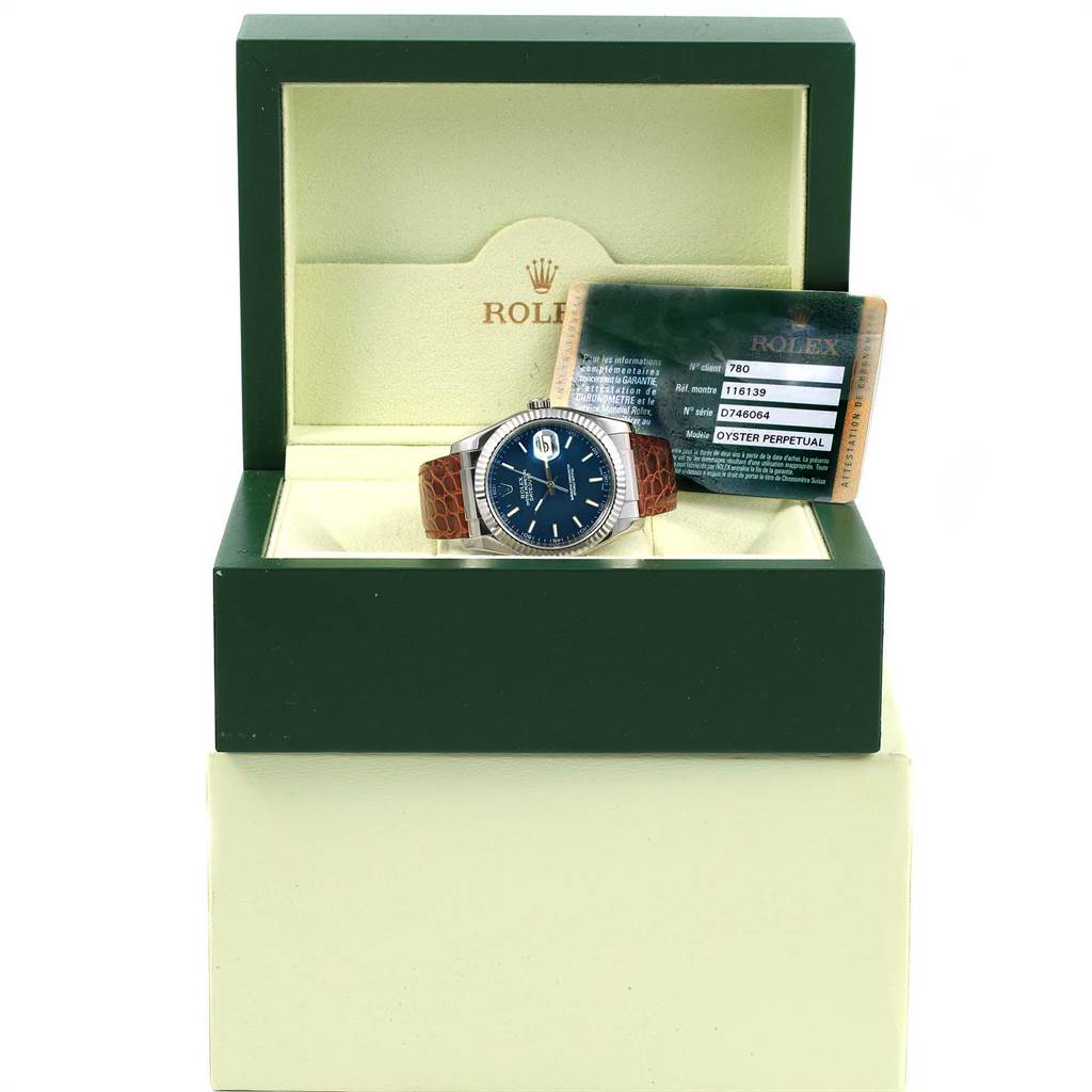 The image shows a Rolex Datejust 116139 Men's White Gold Blue Dial 116139 Men's White Gold Blue Dial watch in a green box with a certification card, viewed from the front.