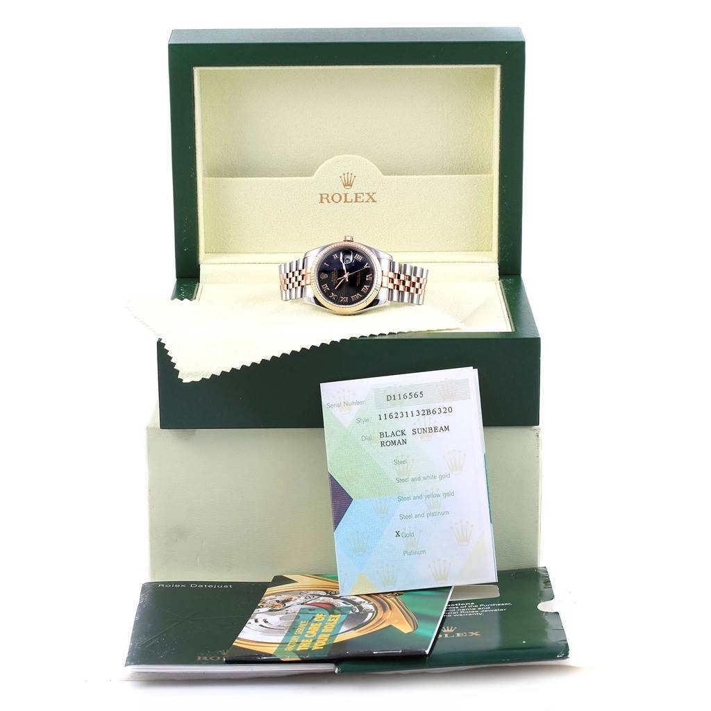 The image shows a Rolex Datejust 116231 Men's Steel and Gold (two tone) Black Dial 116231 Men's Steel and Gold (two tone) Black Dial watch, its green box, and accompanying documentation from a front angle.