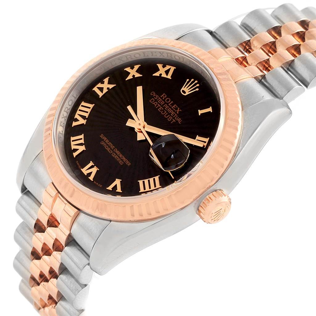 The image shows a Rolex Datejust 116231 Men's Steel and Gold (two tone) Black Dial 116231 Men's Steel and Gold (two tone) Black Dial watch photographed from a three-quarter angle, highlighting the dial, bezel, crown, and bracelet.