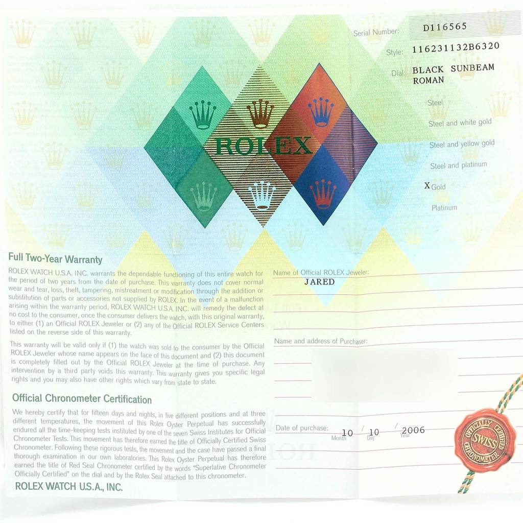 This is a warranty card for a Rolex Datejust 116231 Men's Steel and Gold (two tone) Black Dial 116231 Men's Steel and Gold (two tone) Black Dial watch, displaying details like the serial number, model, and purchase information.