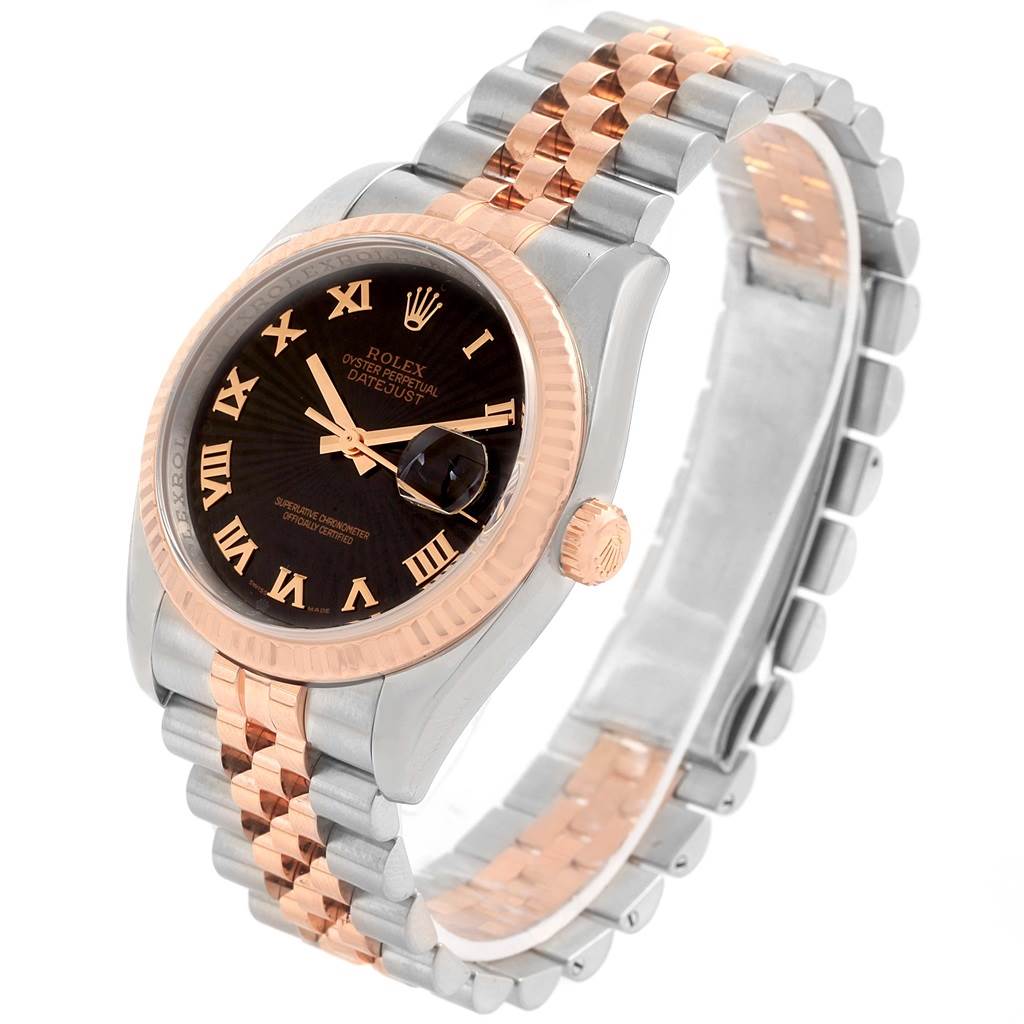 This image shows a Rolex Datejust 116231 Men's Steel and Gold (two tone) Black Dial 116231 Men's Steel and Gold (two tone) Black Dial watch at a three-quarter angle highlighting its bezel, dial, case, and bracelet.