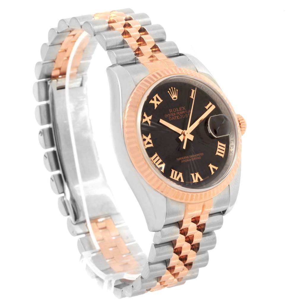 This image of the Rolex Datejust 116231 Men's Steel and Gold (two tone) Black Dial 116231 Men's Steel and Gold (two tone) Black Dial watch shows a side angle highlighting the black dial, two-tone bracelet, and fluted bezel.