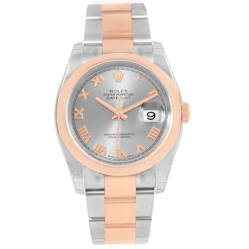Rolex Datejust 36 Steel Rose Gold Slate Roman Dial Watch 116201 Unworn SwissWatchExpo