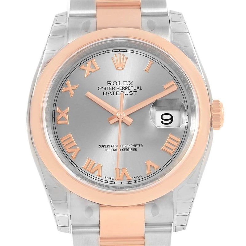 This image shows a front view of a Rolex Datejust watch, highlighting its dial, Roman numerals, bezel, crown, and part of the bracelet.