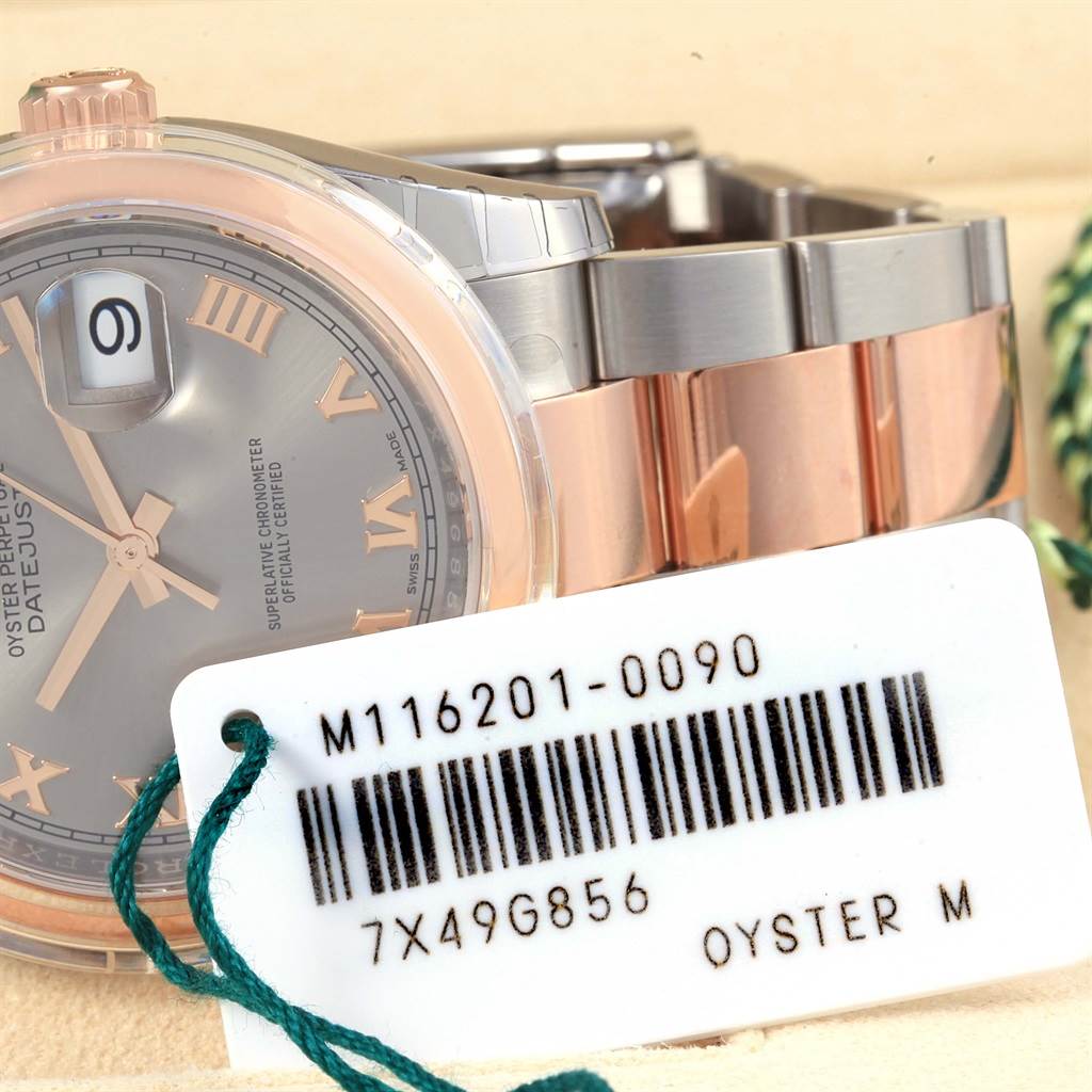 The image shows a side view of a Rolex Datejust 116201 Steel and Gold (two tone) Grey Dial 116201 Steel and Gold (two tone) Grey Dial watch, including the dial, bracelet, and a tag with model information.