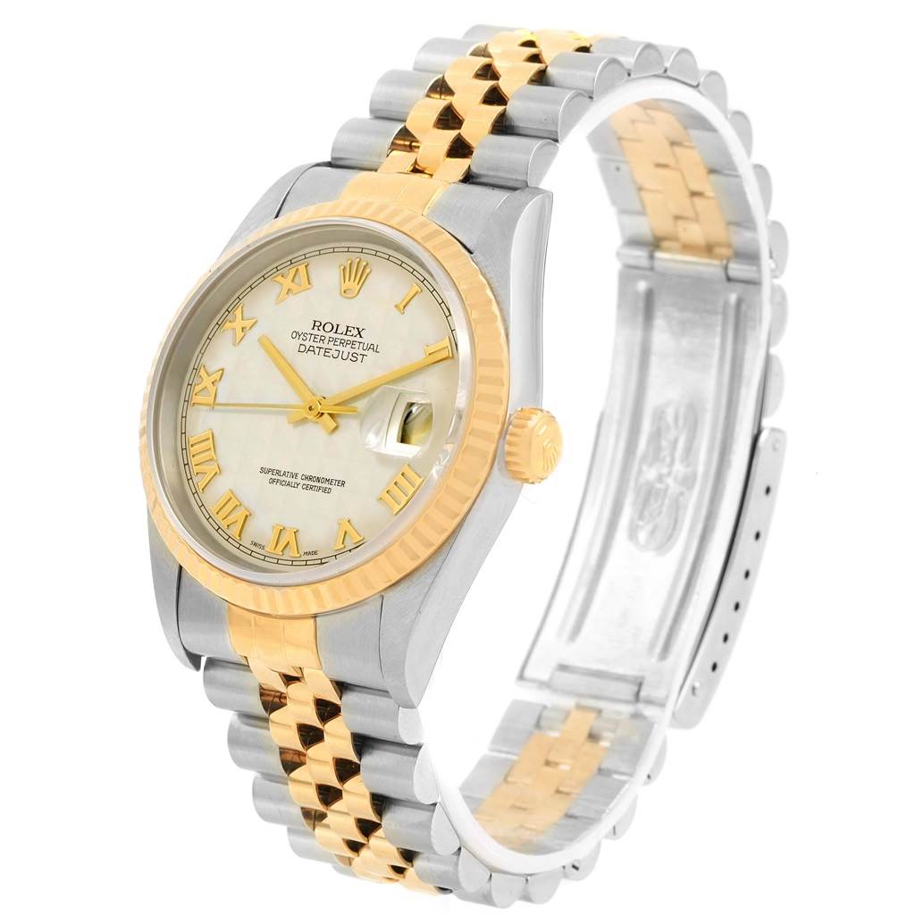 The Rolex Datejust 16233 Men's Steel and Gold (two tone) Beige Dial 16233 Men's Steel and Gold (two tone) Beige Dial watch is shown from an angled view, displaying the face, bezel, and two-tone bracelet.