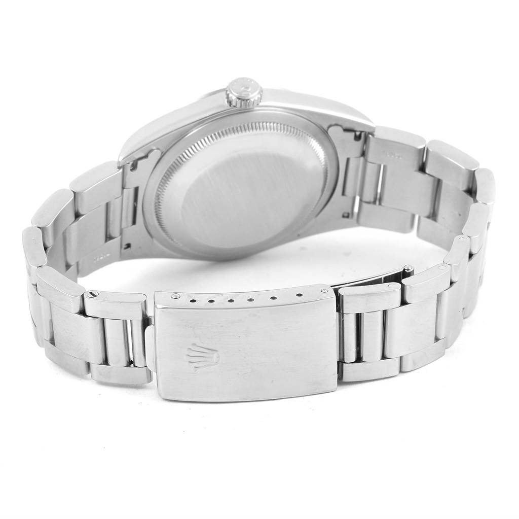 This image shows the back view of a Rolex Datejust 16200 Men's Stainless Steel Black Dial 16200 Men's Stainless Steel Black Dial watch, highlighting the clasp and bracelet.