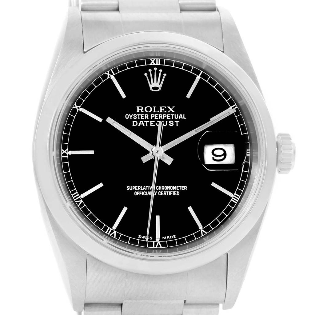 This image shows a front view of a Rolex Datejust 16200 Men's Stainless Steel Black Dial 16200 Men's Stainless Steel Black Dial watch, focusing on the dial, hands, and date window.