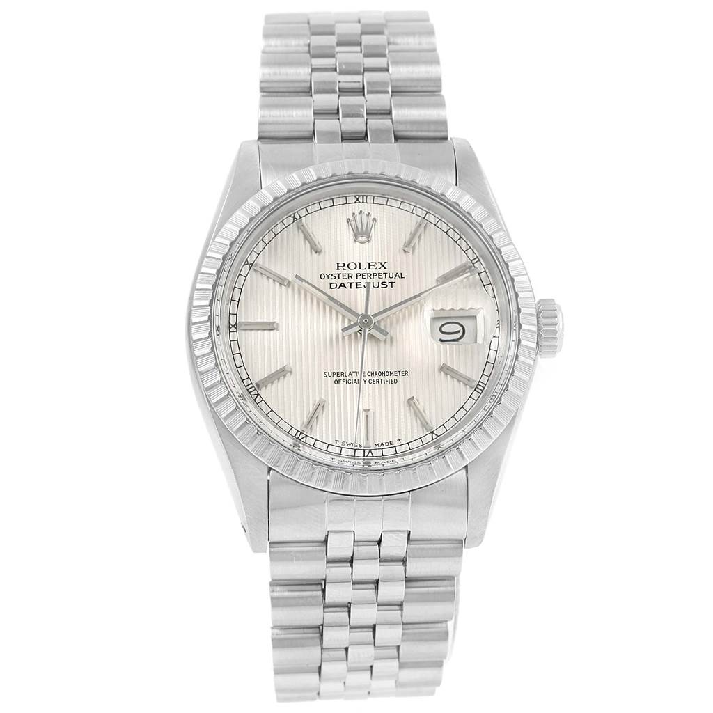 This is a front view of a Rolex Datejust 16030 Men's Stainless Steel Silver Dial 16030 Men's Stainless Steel Silver Dial watch showing the dial, bracelet, crown, and date window.