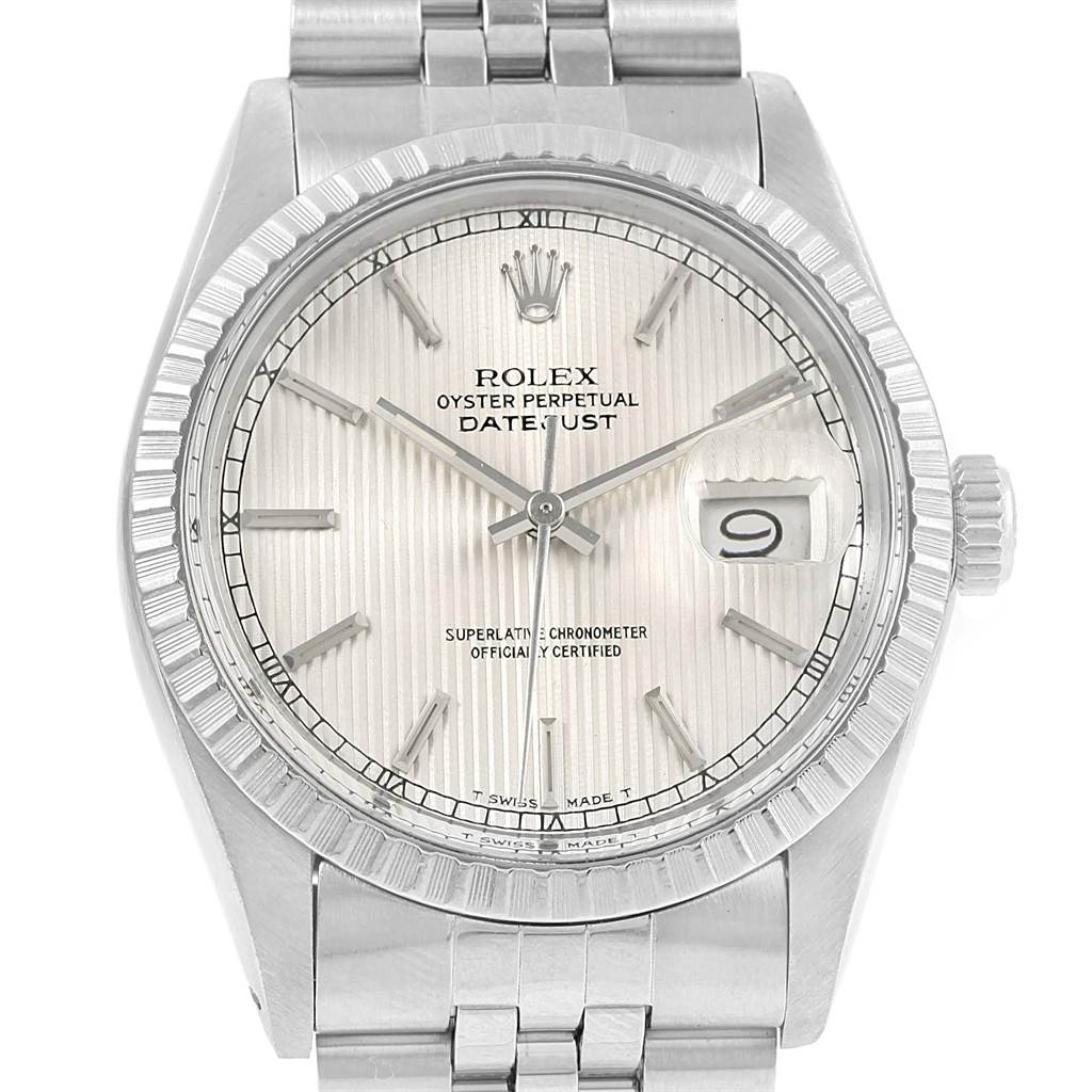 This image shows a close-up of the face and central part of a Rolex Datejust 16030 Men's Stainless Steel Silver Dial 16030 Men's Stainless Steel Silver Dial watch, including the bezel, dial, and part of the bracelet.