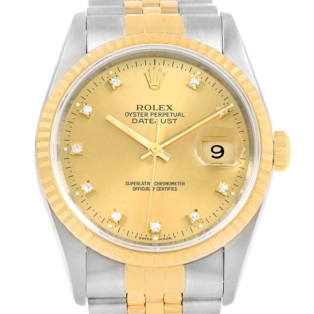 The image shows a front view of a Rolex Datejust 16233 Men's Steel and Gold (two tone) Champagne Dial 16233 Men's Steel and Gold (two tone) Champagne Dial watch, highlighting the dial, hands, and date window.