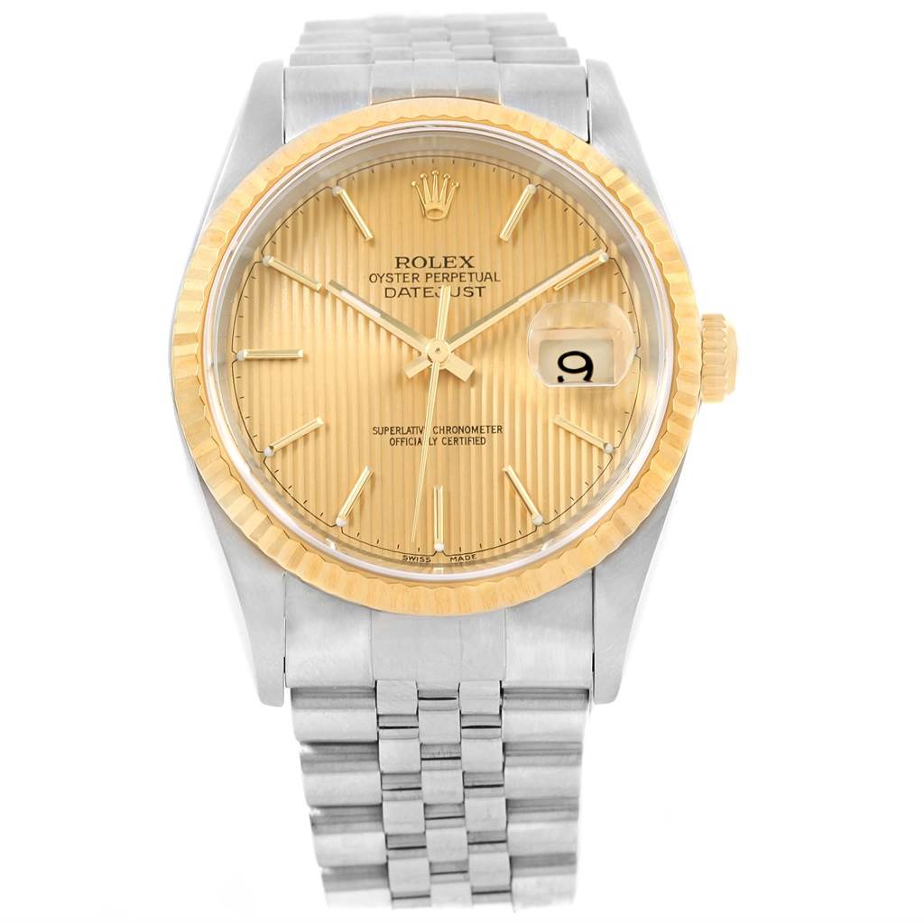 The image shows a front view of a Rolex Datejust 16233 Men's Steel and Gold (two tone) Champagne Dial 16233 Men's Steel and Gold (two tone) Champagne Dial, highlighting the dial, bezel, bracelet, and crown.