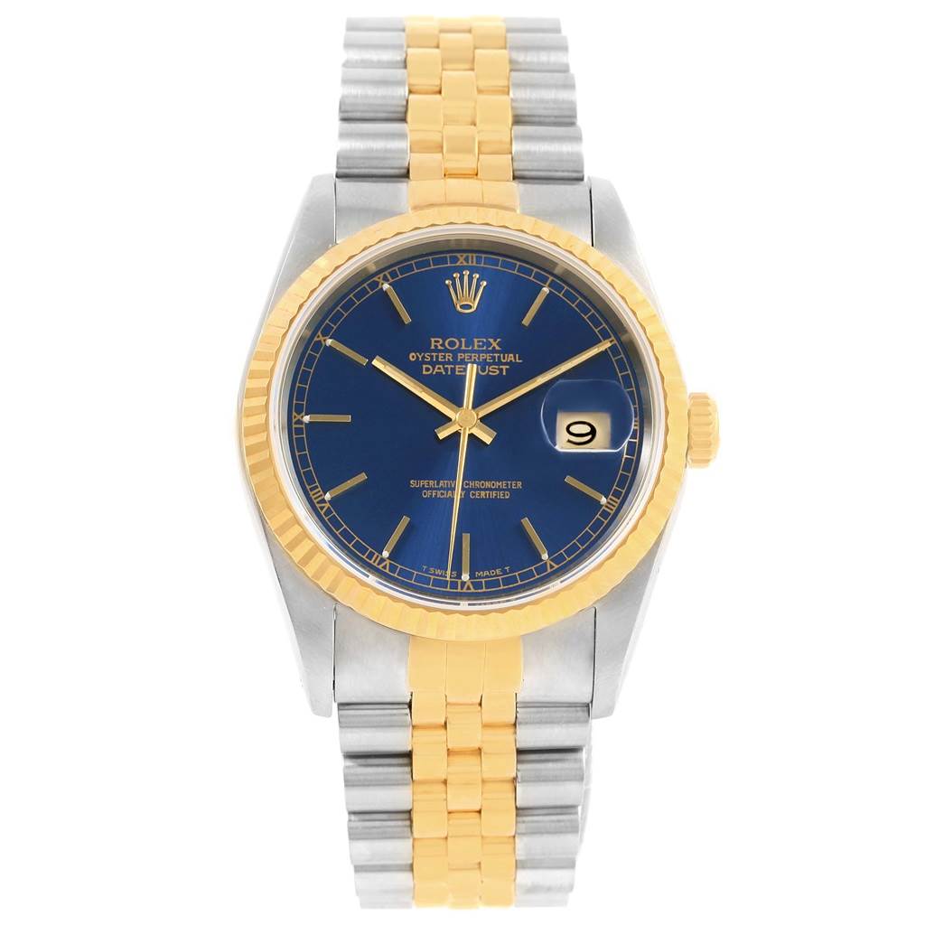 This image shows a Rolex Datejust 16233 Men's Steel and Gold (two tone) Blue Dial 16233 Men's Steel and Gold (two tone) Blue Dial watch from the front, displaying its dial, case, bezel, and bracelet.