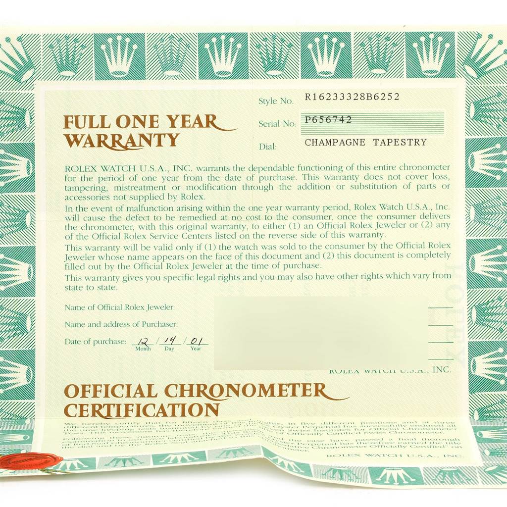 The image shows the warranty certificate for a Rolex Datejust 16233 Men's Steel and Gold (two tone) Champagne Dial 16233 Men's Steel and Gold (two tone) Champagne Dial watch, specifying the style, serial number, and dial type.