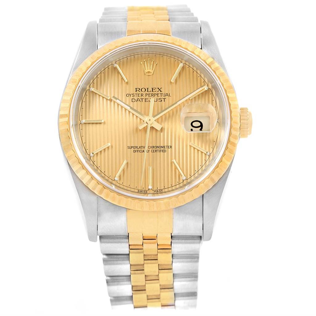 This Rolex Datejust 16233 Men's Steel and Gold (two tone) Champagne Dial 16233 Men's Steel and Gold (two tone) Champagne Dial watch is shown from a frontal angle, highlighting its dial, bezel, and bracelet.