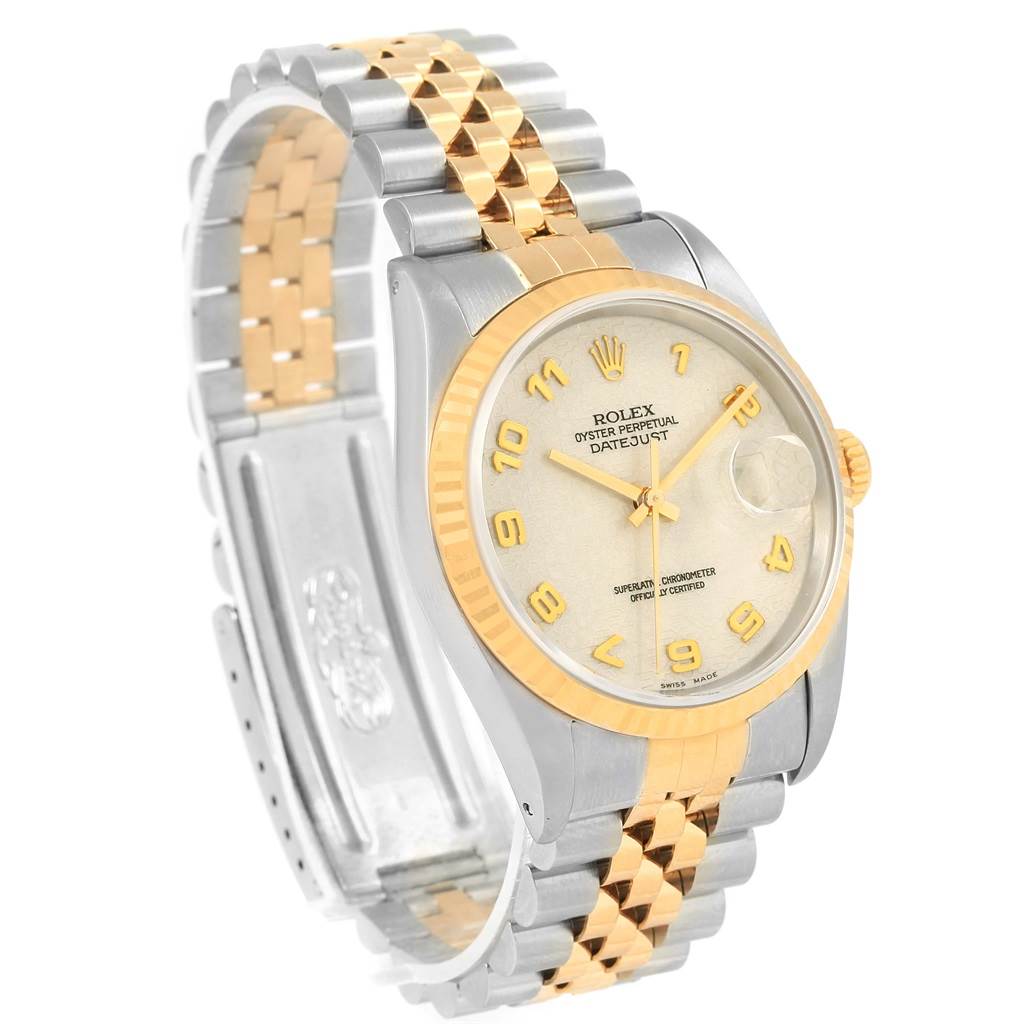 The image shows a Rolex Datejust 16233 Men's Steel and Gold (two tone) Beige Dial 16233 Men's Steel and Gold (two tone) Beige Dial watch angled from the front-left, highlighting the dial, bezel, and two-tone bracelet.