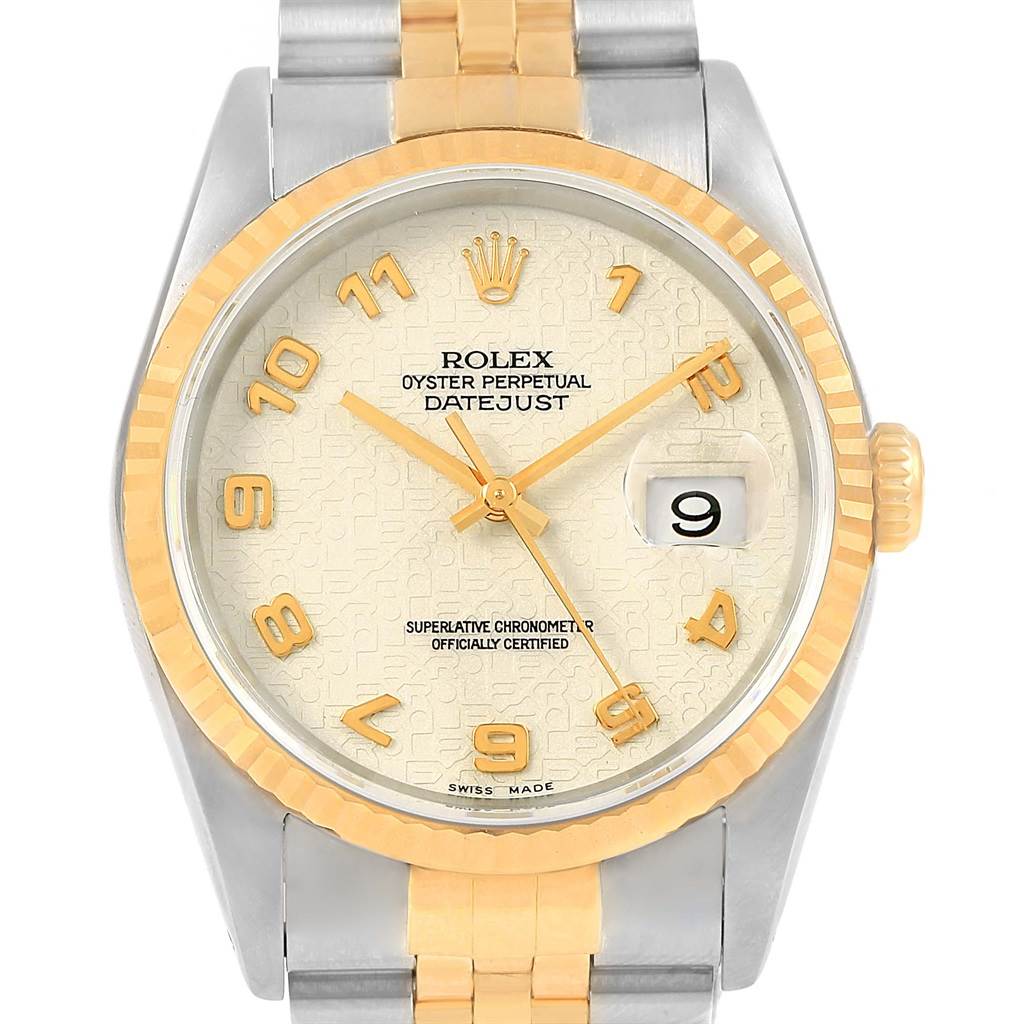 The image displays a front view of the Rolex Datejust 16233 Men's Steel and Gold (two tone) Beige Dial 16233 Men's Steel and Gold (two tone) Beige Dial watch, showcasing its dial, bezel, and bracelet.