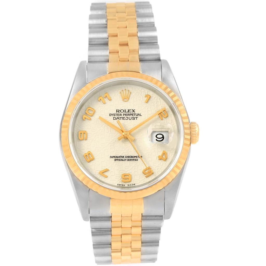 The image shows a front view of the Rolex Datejust 16233 Men's Steel and Gold (two tone) Beige Dial 16233 Men's Steel and Gold (two tone) Beige Dial, highlighting the watch face, bezel, and bicolored bracelet.