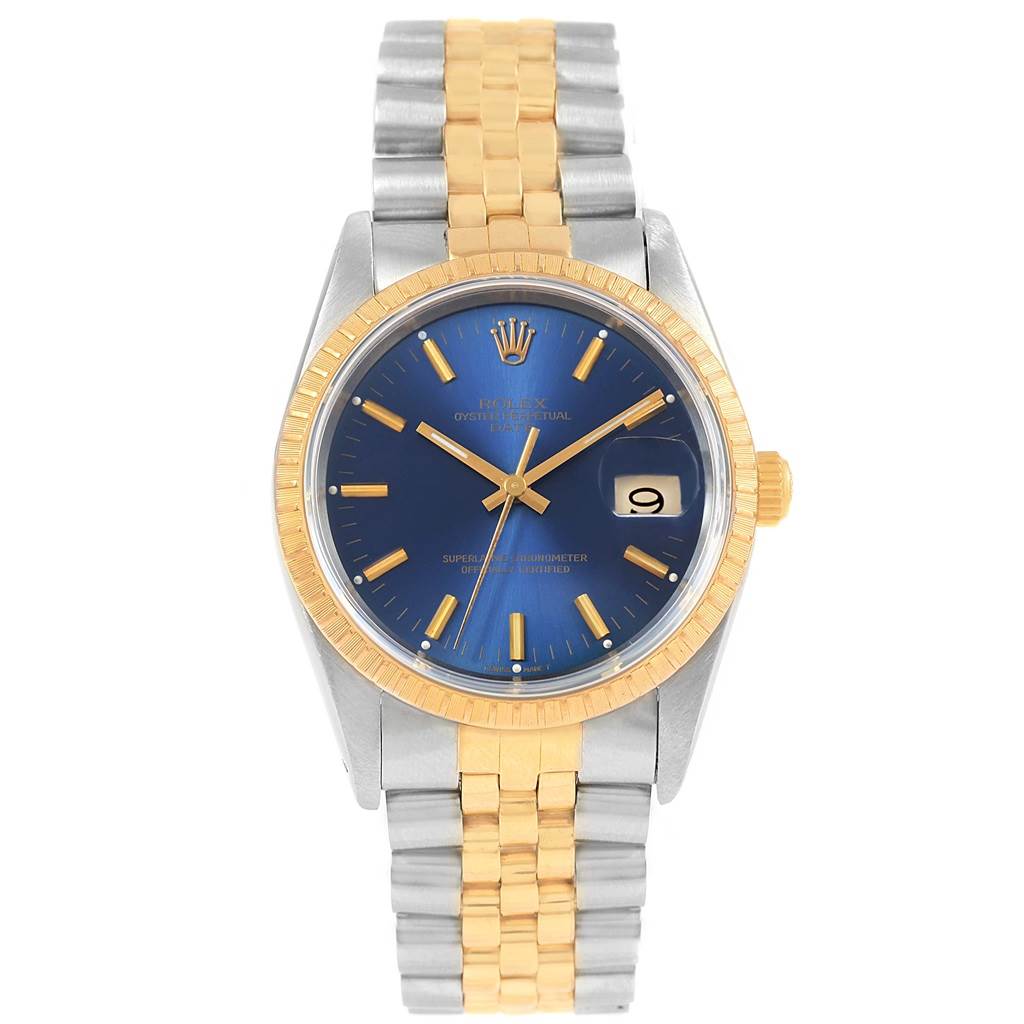 The Rolex Datejust 15223 Men's Steel and Gold (two tone) Blue Dial 15223 Men's Steel and Gold (two tone) Blue Dial watch is shown from a frontal view, displaying its blue dial, date function, and two-tone bracelet.
