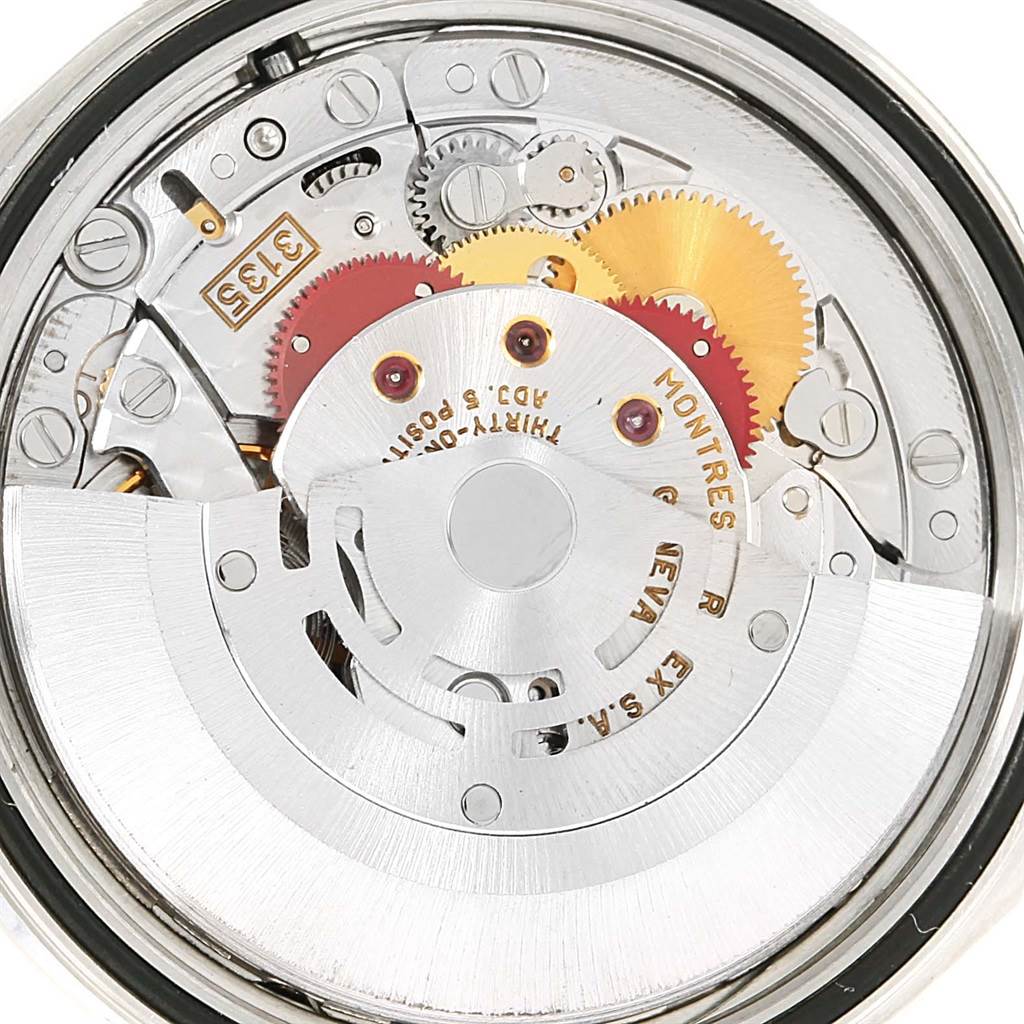 This image shows a close-up of the movement mechanism inside a Rolex Datejust 16234 Men's Stainless Steel Black Dial 16234 Men's Stainless Steel Black Dial watch.