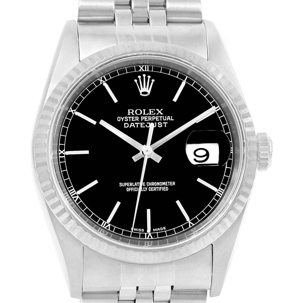 This image shows a front view of a Rolex Datejust 16234 Men's Stainless Steel Black Dial 16234 Men's Stainless Steel Black Dial watch, displaying the face, bezel, crown, and part of the bracelet.
