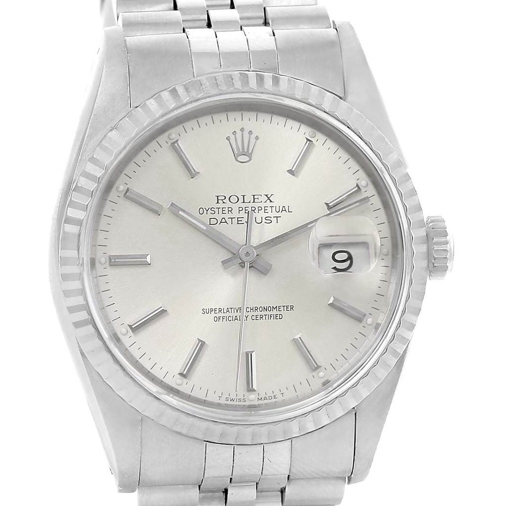 The image shows a front angle of the Rolex Datejust 16234 Men's Stainless Steel Silver Dial 16234 Men's Stainless Steel Silver Dial watch, highlighting its dial, bezel, crown, and bracelet.