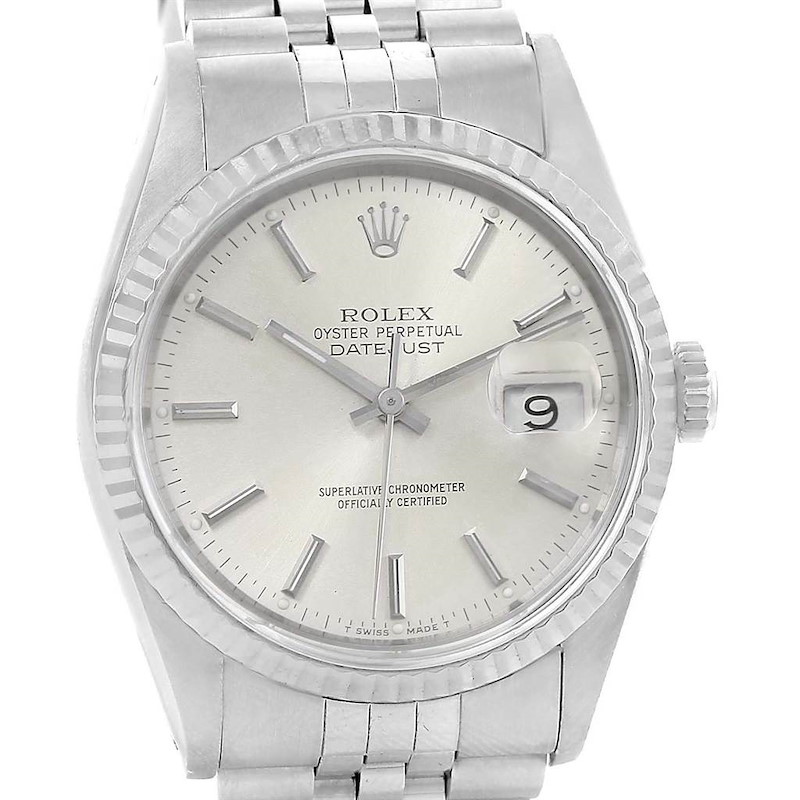 Rolex Datejust Steel White Gold Silver Baton Dial Mens Watch 16234 SwissWatchExpo