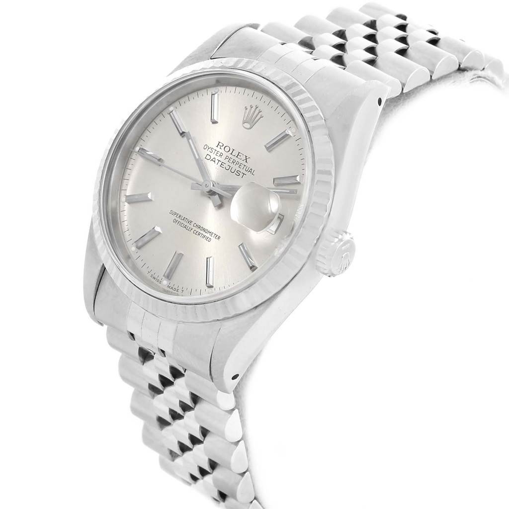 The image shows a Rolex Datejust 16234 Men's Stainless Steel Silver Dial 16234 Men's Stainless Steel Silver Dial watch angled slightly from the left, displaying its face, bezel, crown, and part of the bracelet.