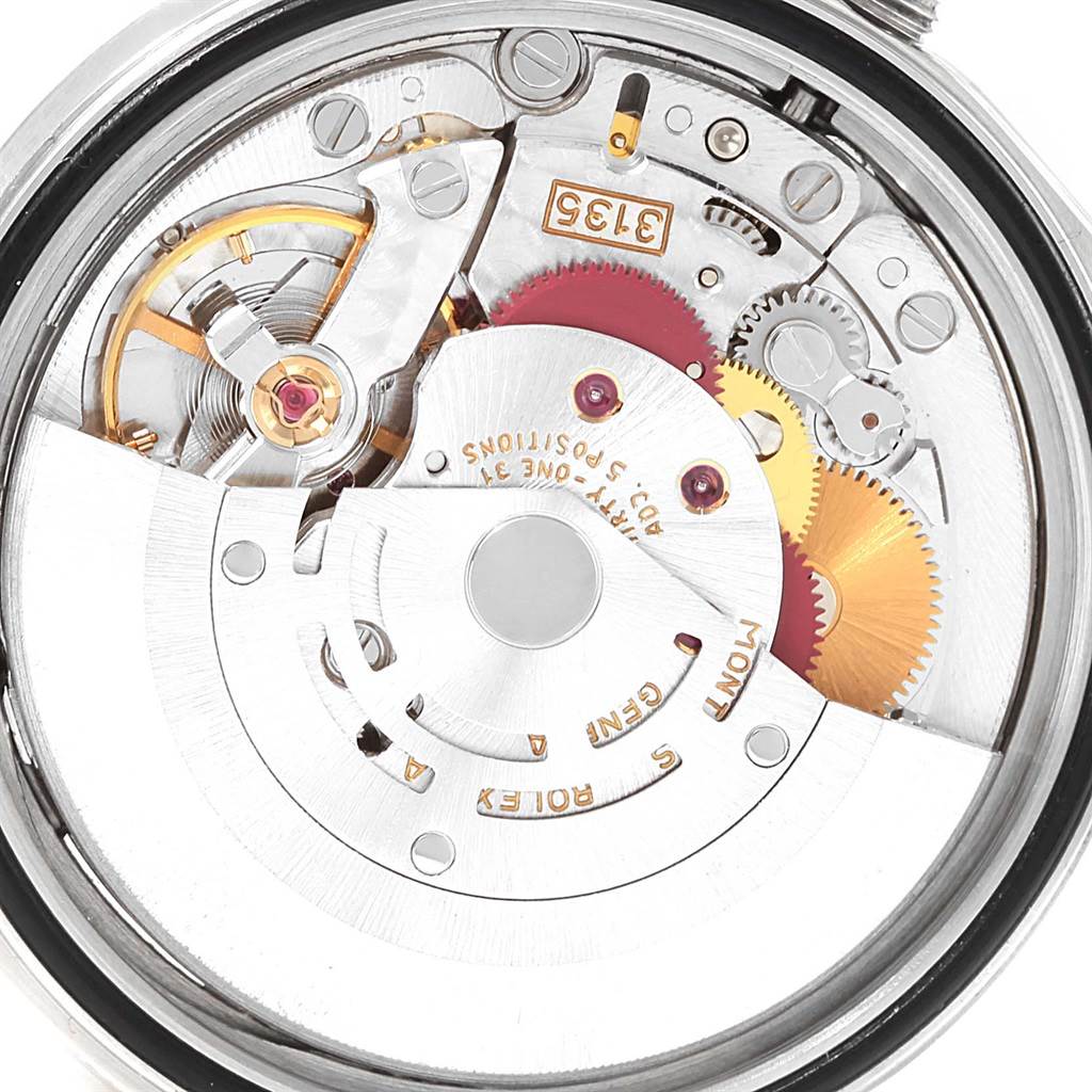 This image shows a close-up view of the movement inside a Rolex Datejust 16234 Men's Stainless Steel Silver Dial 16234 Men's Stainless Steel Silver Dial watch.