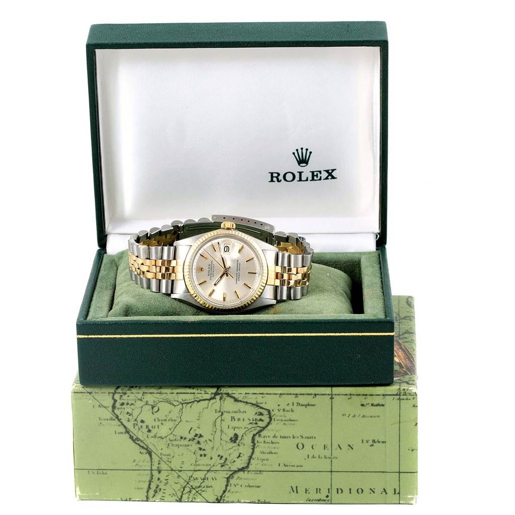 This image shows a Rolex Datejust 1601 Men's Stainless Steel Silver Dial 1601 Men's Stainless Steel Silver Dial watch from a frontal angle, with the watch face, bezel, and bracelet visible inside its box.