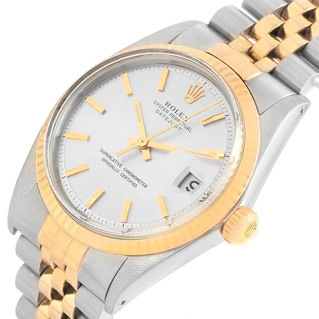 This image shows a Rolex Datejust 1601 Men's Stainless Steel Silver Dial 1601 Men's Stainless Steel Silver Dial watch at a slight angle, highlighting its face, bezel, crown, and part of the bracelet.