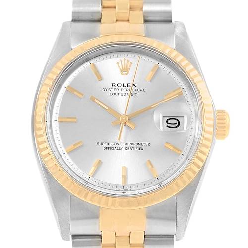The image shows a frontal view of a Rolex Datejust watch, highlighting the dial, bezel, and part of the bracelet.