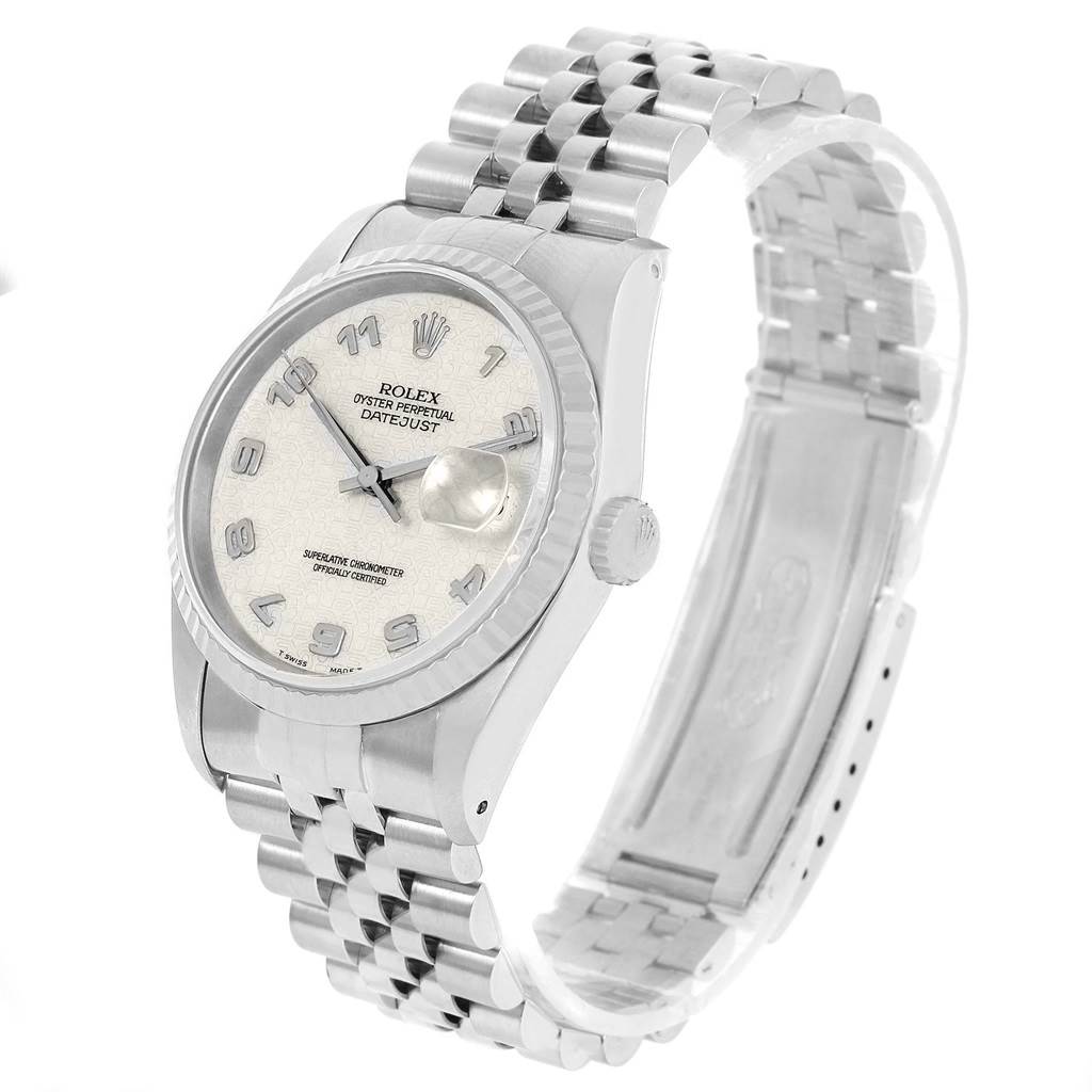 The image shows a side angle of the Rolex Datejust 16234 Men's Stainless Steel Beige Dial 16234 Men's Stainless Steel Beige Dial watch, highlighting its face, bezel, and jubilee bracelet.