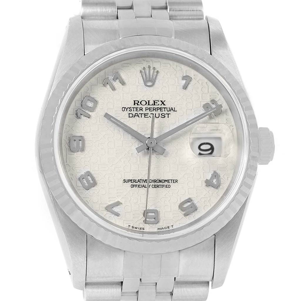 The image shows a front view of the Rolex Datejust 16234 Men's Stainless Steel Beige Dial 16234 Men's Stainless Steel Beige Dial watch featuring its dial, hands, and bracelet.
